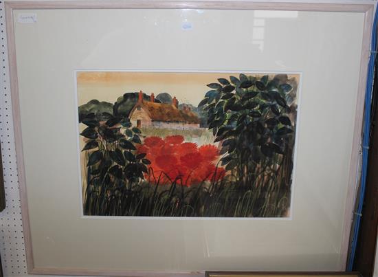 Framed Robert Tavener landscape print, thatched cottages